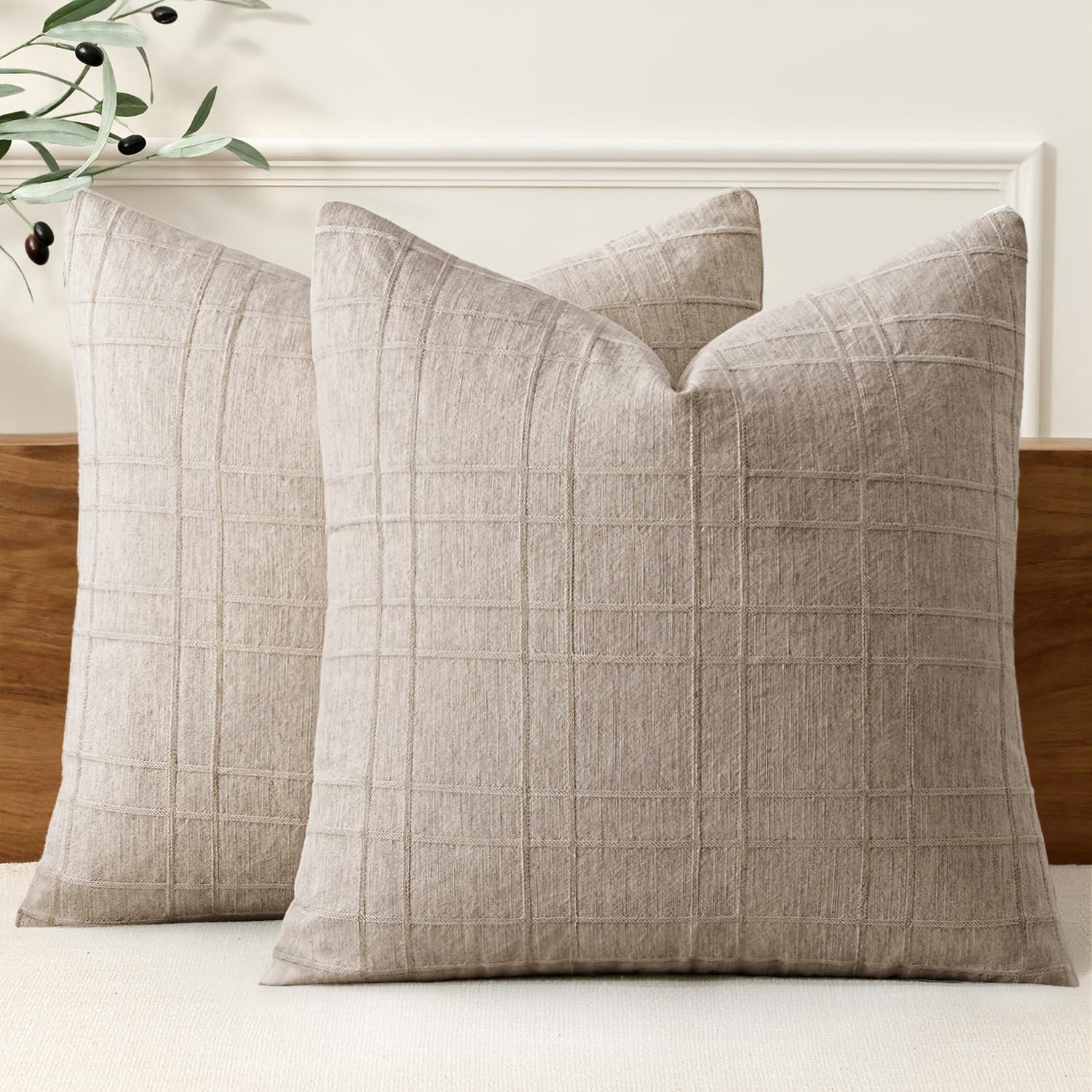 Miulee Decorative Linen Check Throw Pillow Covers Neutral Farmhouse Vintage Pillow Covers 20X20 Set Of 2 Boho Modern Home Decor For Sofa Couch Bedroom Cushion Natural Linen