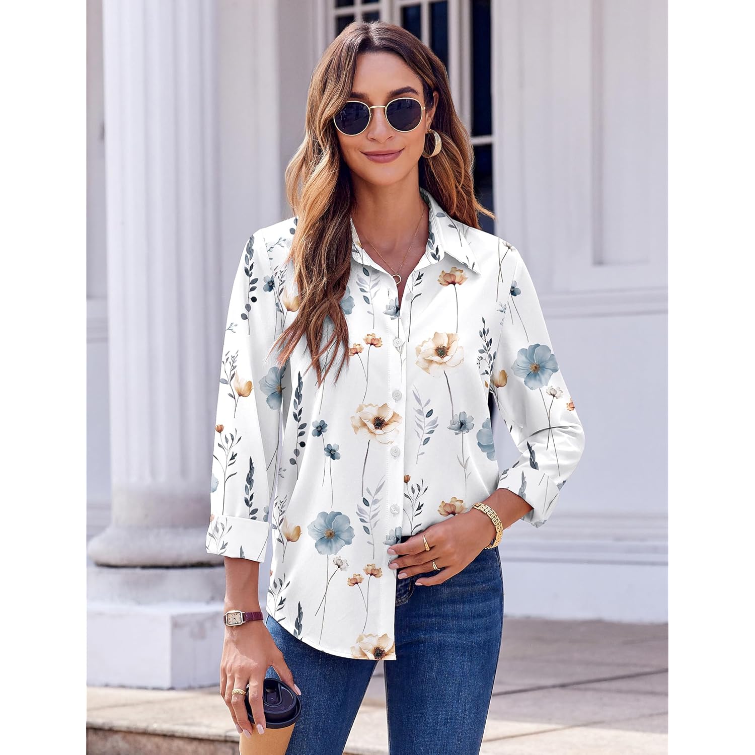 Button Down Shirts for Women Dressy Floral Printed Long Sleeve Blouse Business Casual Work Tops