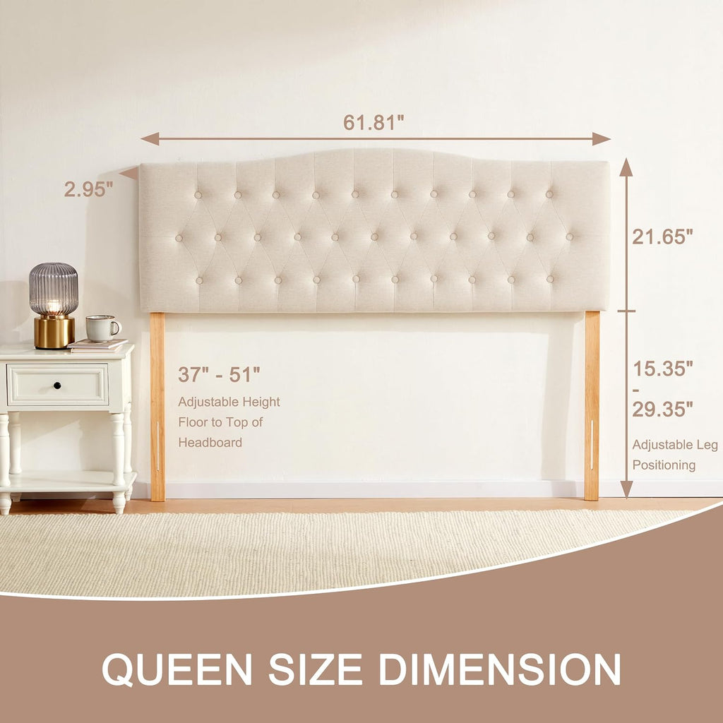 Tufted Upholstered Headboard Queen Size, Sturdy And Durable Solid Wood Bed Headboard, Fabric Headboard Adjustable Height From 37” To 51”, Modern Button Diamond Design Head Board, Beige