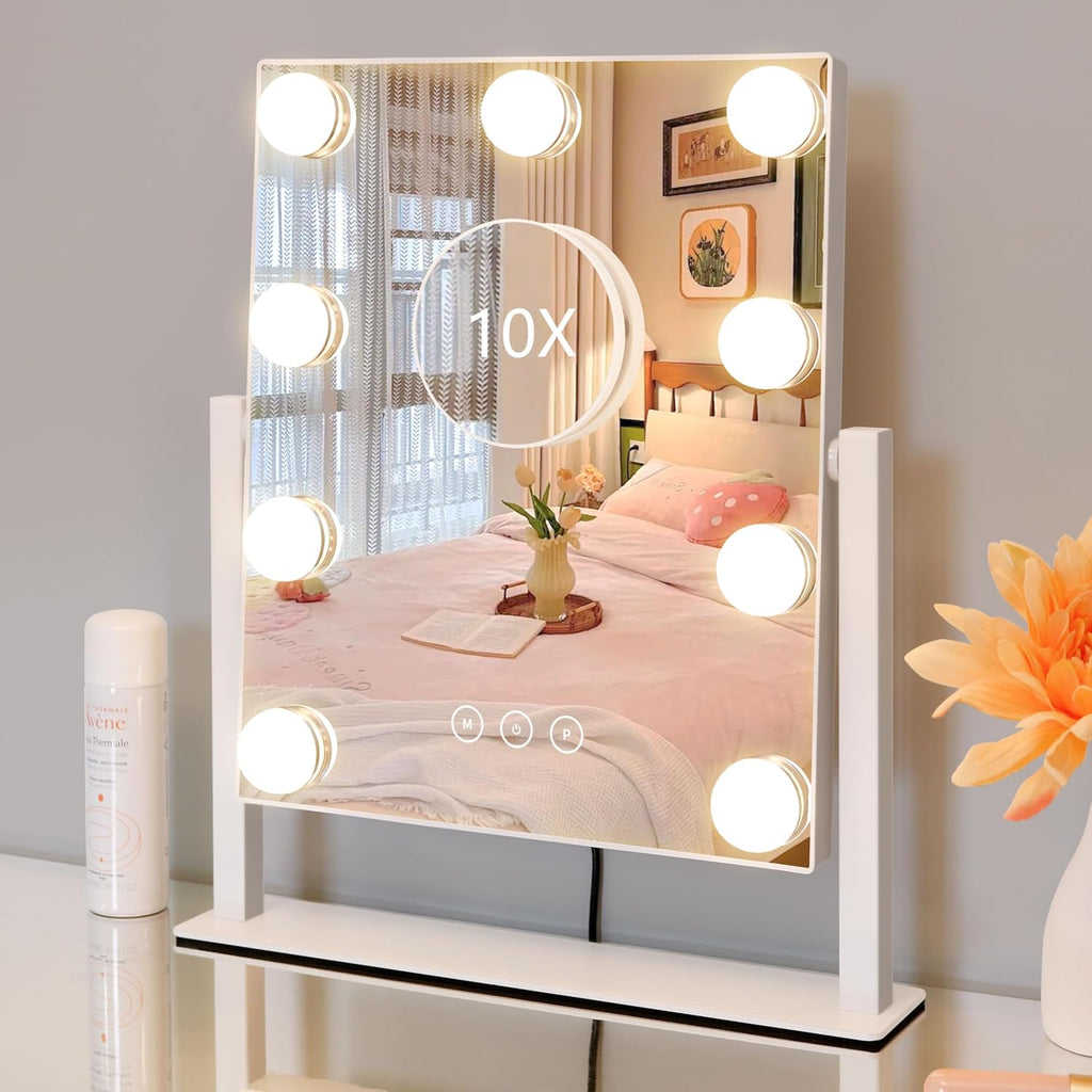Kotdning Vanity Mirror With Lights,Lighted Vanity Mirror With 9 Dimmable Bulbs For Dressing Room & Bedroom,3 Color Lighting,Modes Detachable 10X Magnification 360°Ratation(White) 12" L X 14.4" W
