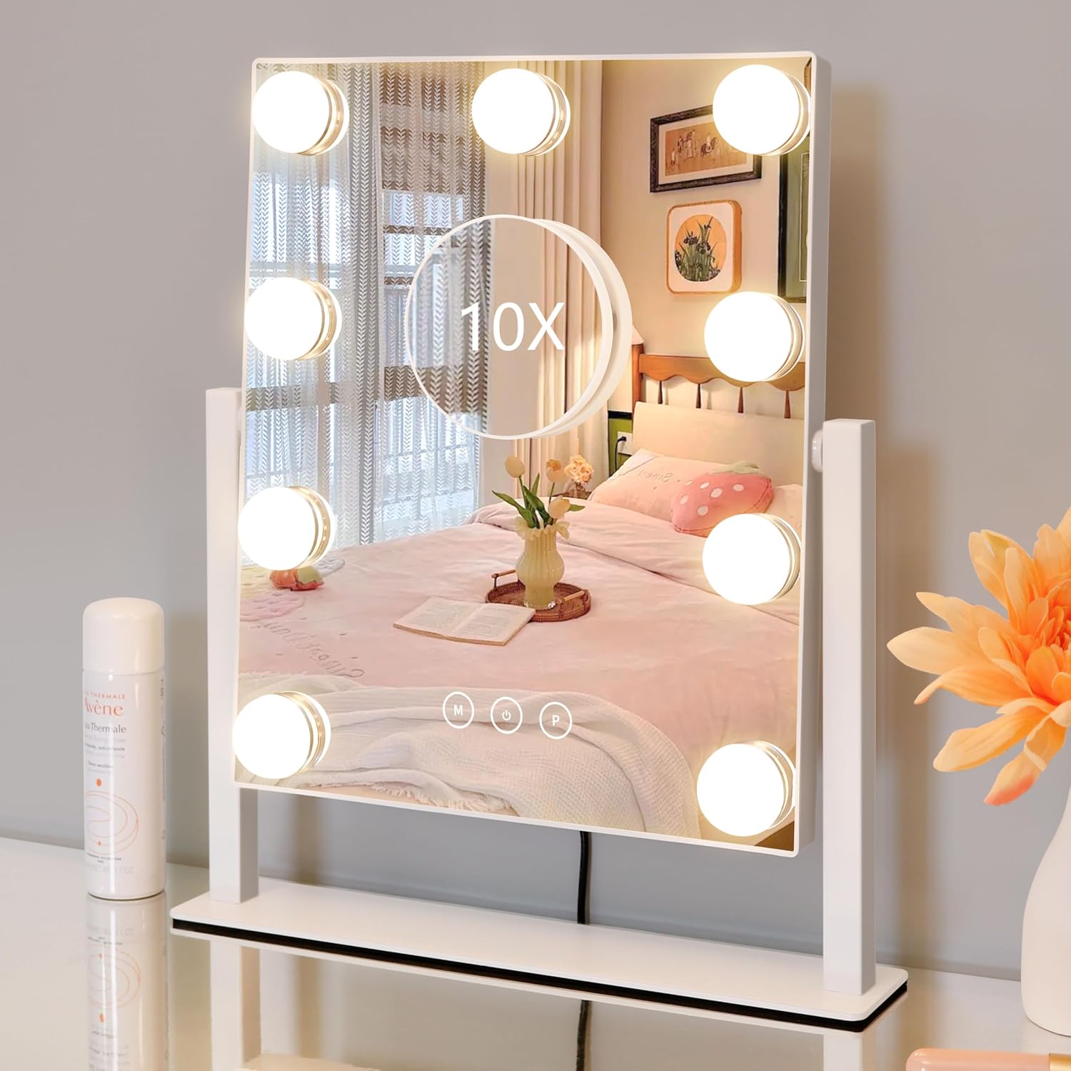 Kotdning Vanity Mirror With Lights,Lighted Vanity Mirror With 9 Dimmable Bulbs For Dressing Room & Bedroom,3 Color Lighting,Modes Detachable 10X Magnification 360°Ratation(White) 12" L X 14.4" W