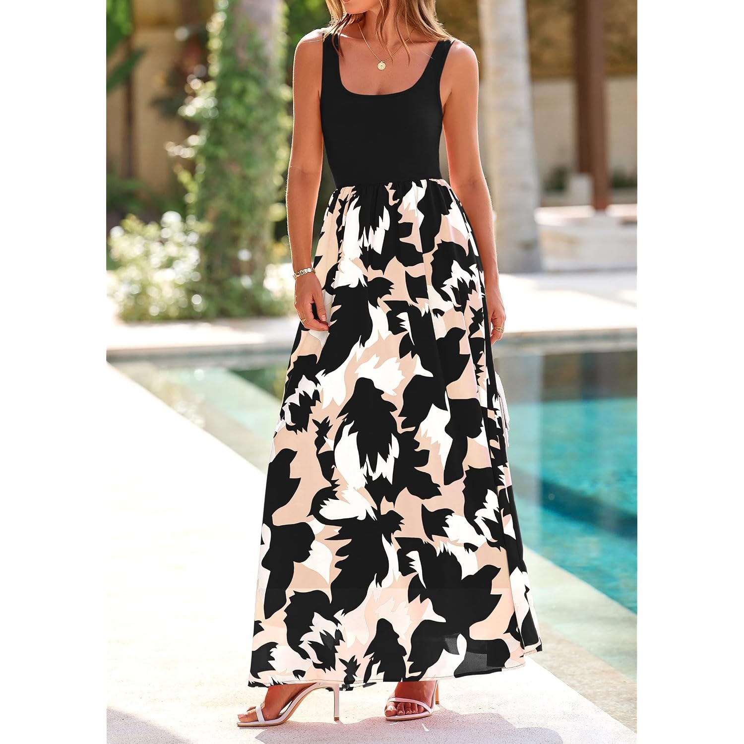 Kirundo Women Summer Maxi Dress Boho Long Sundress, Sleeveless Floral Flowy A Line Scoop Neck Tank,Beach Vacation Resort Wear