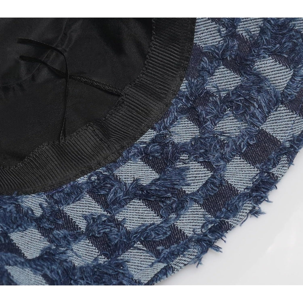 Women'S Vintage Denim Washed Cotton Bucket Hat Cowboy Checkerboard Fishermen Hat Outdoor Sun Cap