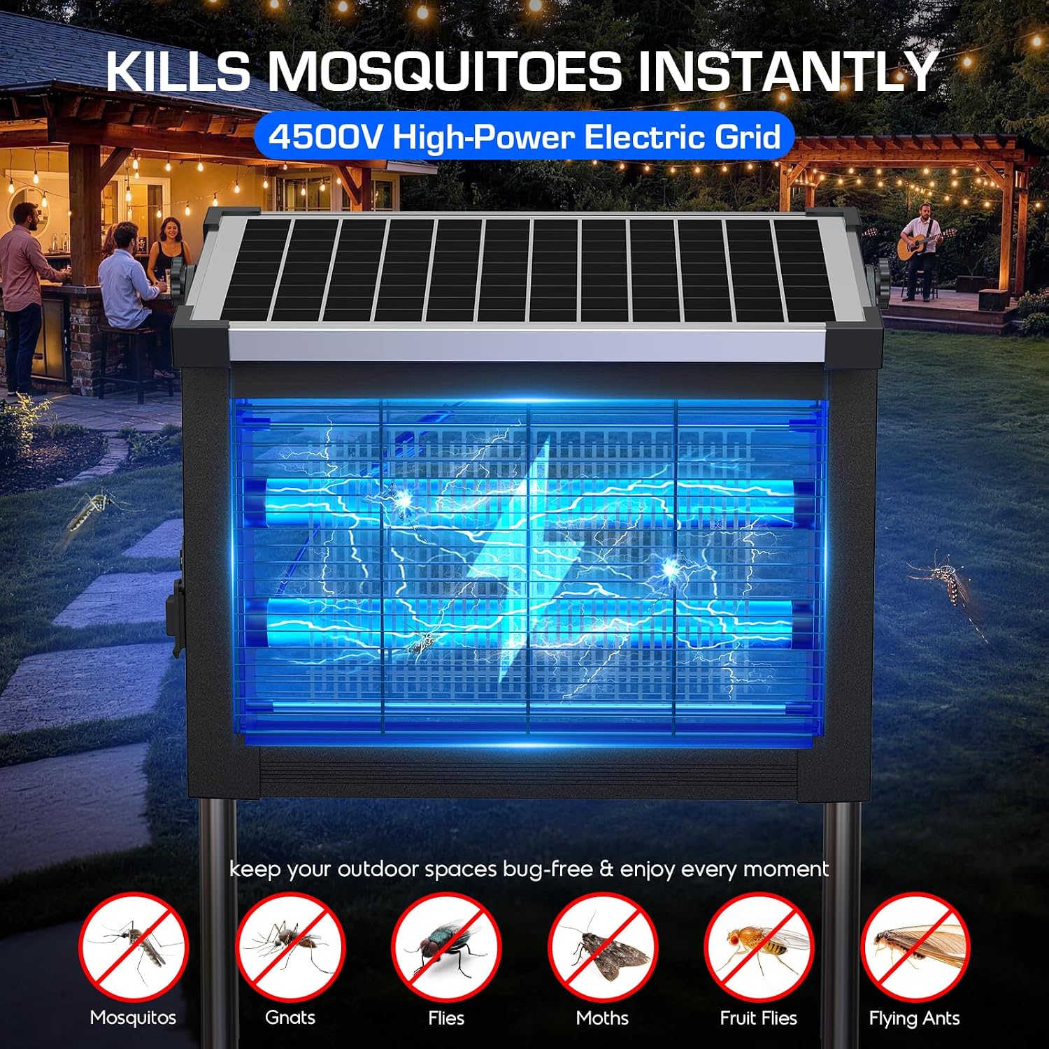 Solar Bug Zapper Outdoor Waterproof, 4500V High Power Cordless Mosquito Zapper With Smart Light Sensor, Dual Solar & Usb Rechargeable Insect Killer For Patio, Garden, Backyard, Indoor & Outdoor Use