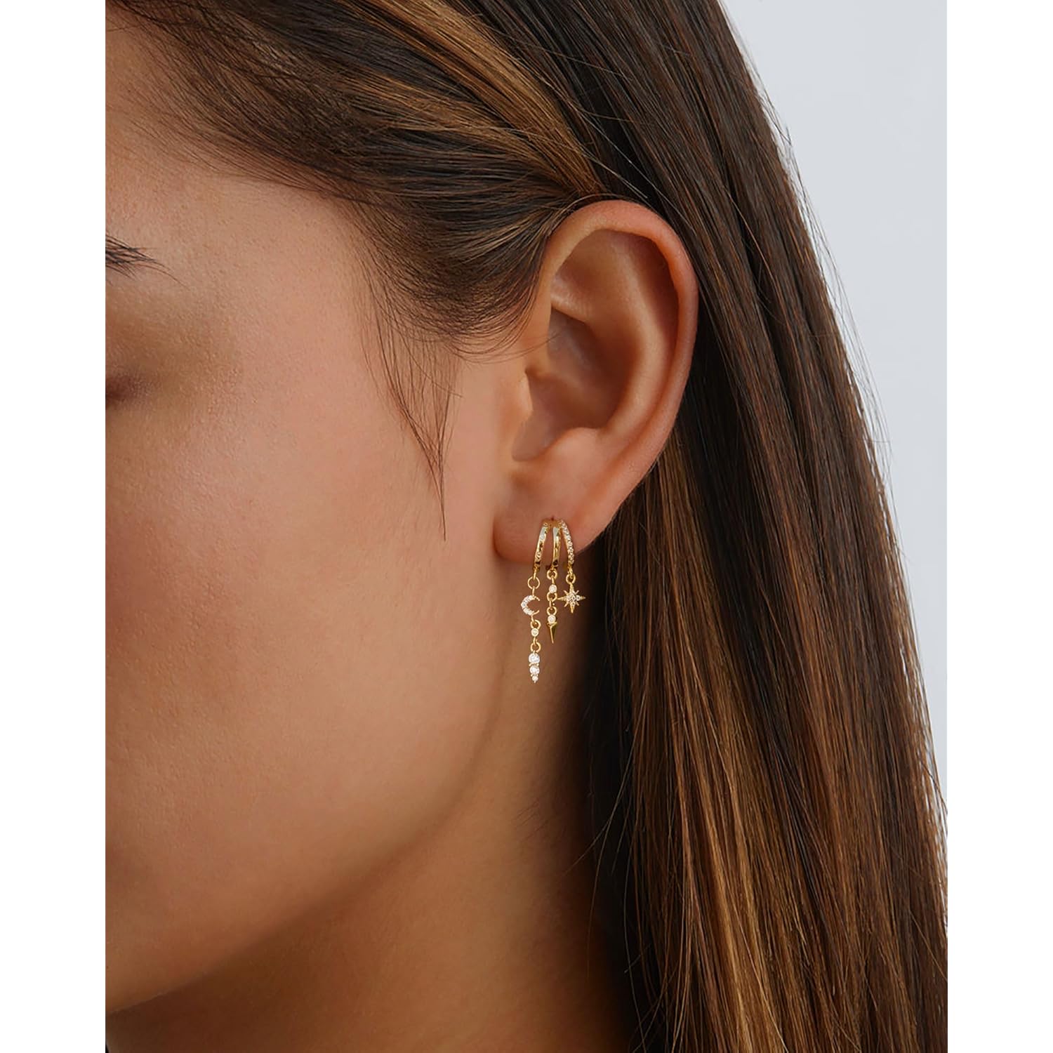 Dangle Earrings For Women,Dainty 14K Gold Plated Hypoallergenic Small Triple Huggie Hoop Earring Gothic Cute Cross Moon Star Drop Earrings For Women Trendy Gold Statement Stud Earring Jewelry
