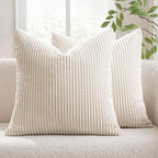 Miulee Decorative Corduroy Throw Pillow Covers Set Of 2 18X18 Cream White | Soft Solid Striped Textured Cushion Cases For Couch Chair Sofa Bed Living Room Boho Square Pillowcases For Home Decor