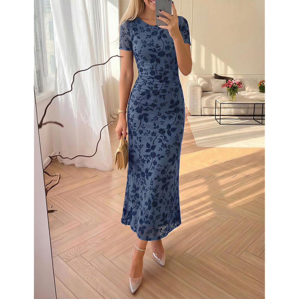 Zesica Womens 2026 Summer Floral Short Sleeve Bodycon Long Dress Ruched Mesh Formal Cocktail Party Wedding Guest Maxi Dresses
