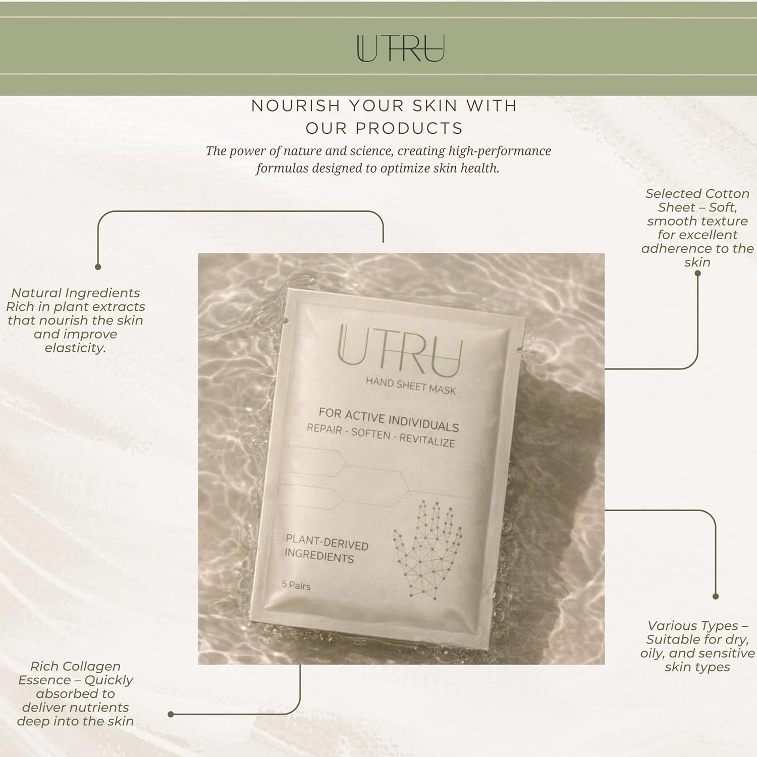 Hand Sheet Mask for Active Individuals, Repair and Soften, Plant-Derived Ingredients, 5 Pairs
