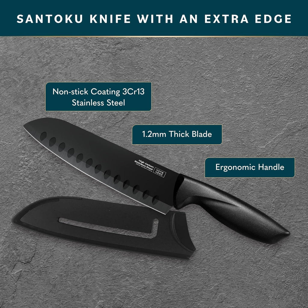 Home Hero 7-Inch Santoku Knife With Sheath 2 Pcs - Non-Stick Chopping Knife, High Carbon Stainless Steel Kitchen Knife With Cover, Ergonomic Handle, Razor-Sharp Vegetable Cutting Knife (Black)