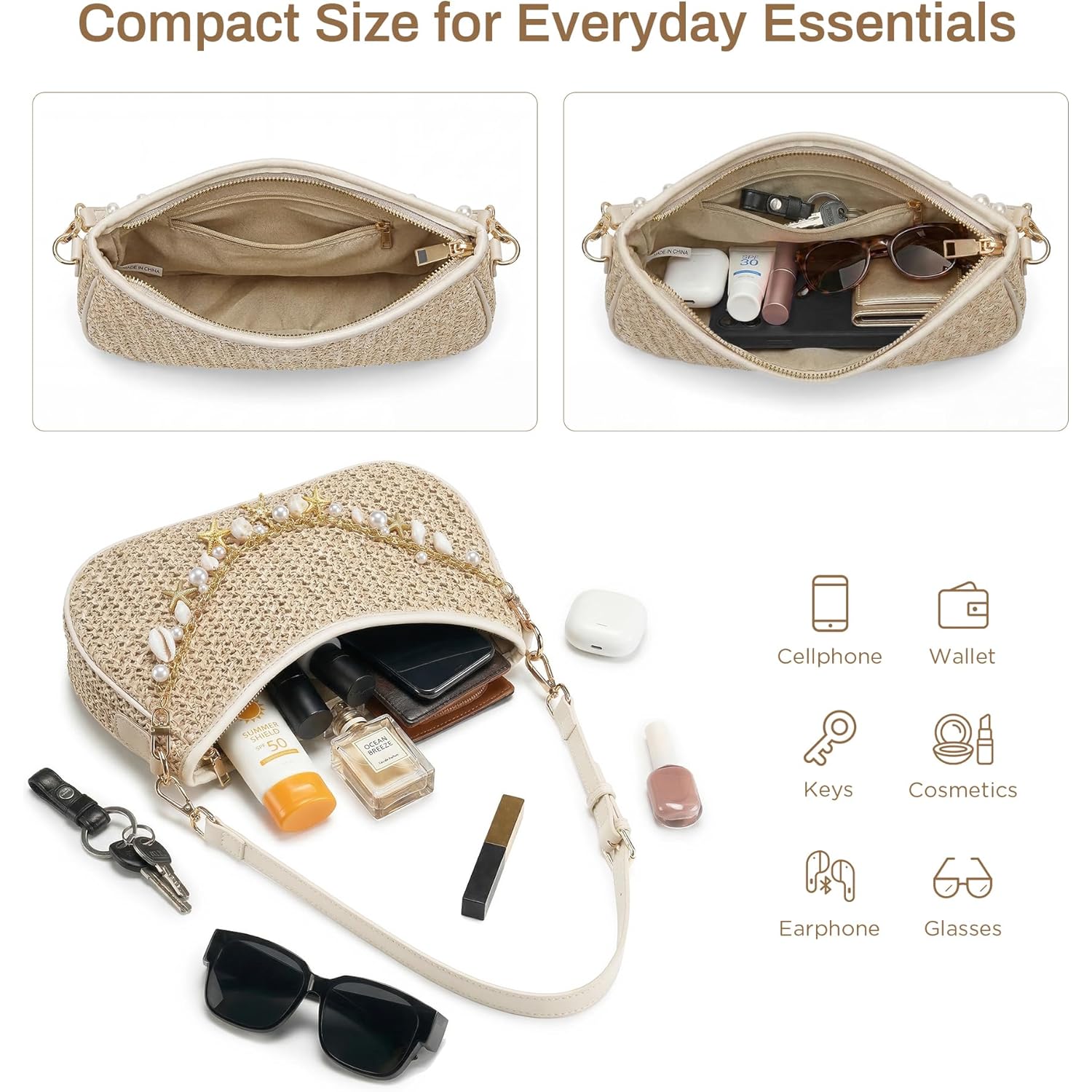CHUNLI Straw Shoulder Bag for Women, Boho Woven Raffia Hobo Purse with Charm Chain, Adjustable Strap Summer Beach Vacation