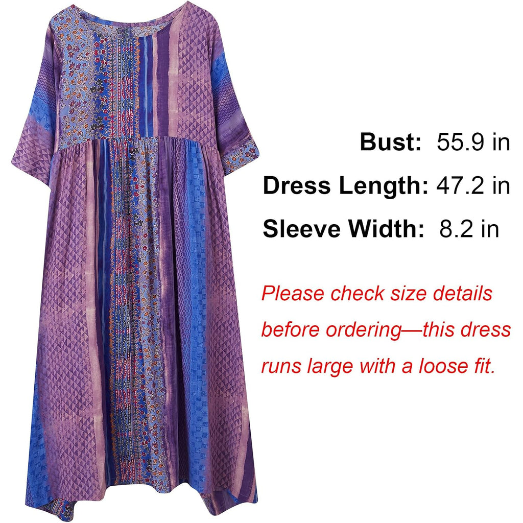 Women Summer Dress With Pockets Plus Size Boho Floral Print Round Neck Loose Casual Flowy Dress