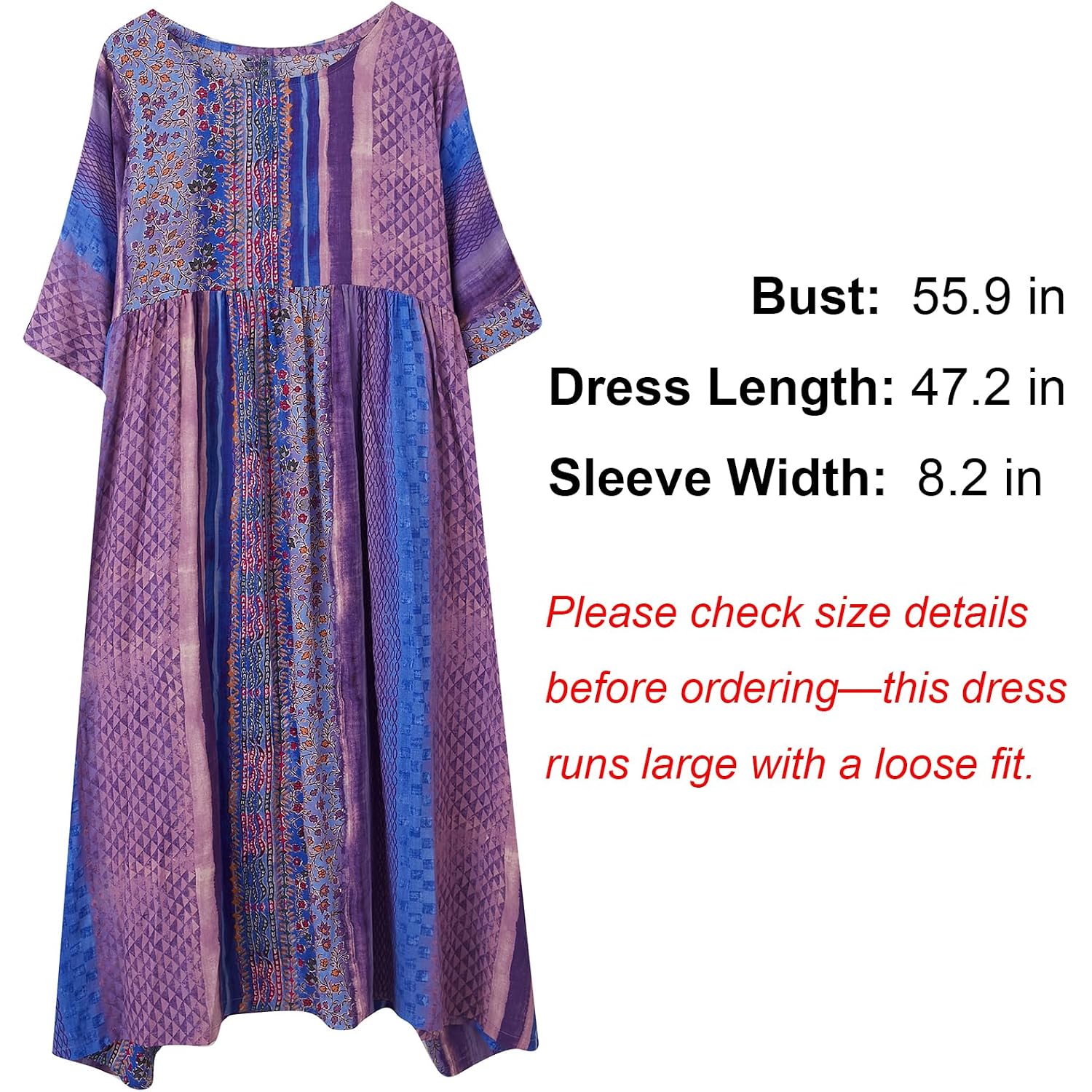 Women Summer Dress With Pockets Plus Size Boho Floral Print Round Neck Loose Casual Flowy Dress