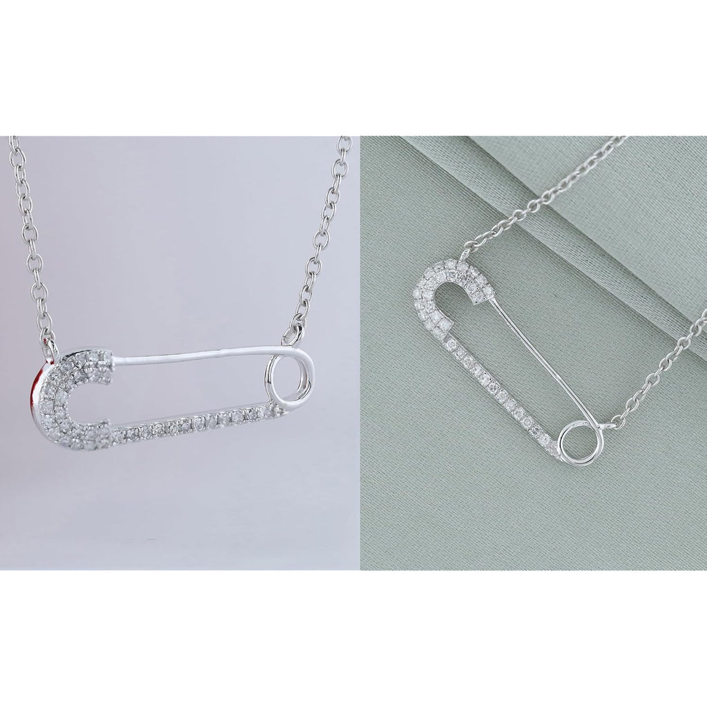 Dazzlingrock Collection Round Natural Diamond or Gemstone Horizontal Safety Pin Pendant for Women with 18 Inch Silver Chain, in Real Solid Gold & 925 Sterling Silver
