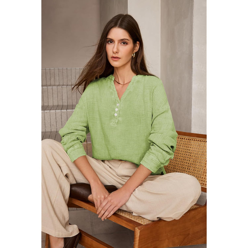 Dokotoo Womens Casual Button V Neck Long Sleeve Shirts Oversized Solid Blouses Tops
