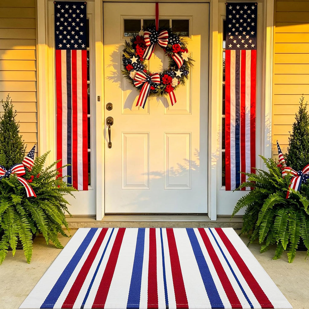 USA 250th Anniversary Patriotic Doormat, 2'4" x 3'7" Red White and Blue Striped Outdoor Rug, Washable Farmhouse Front Porch Welcome Mat for Memorial Day, 4th of July, and Independence Day Decor