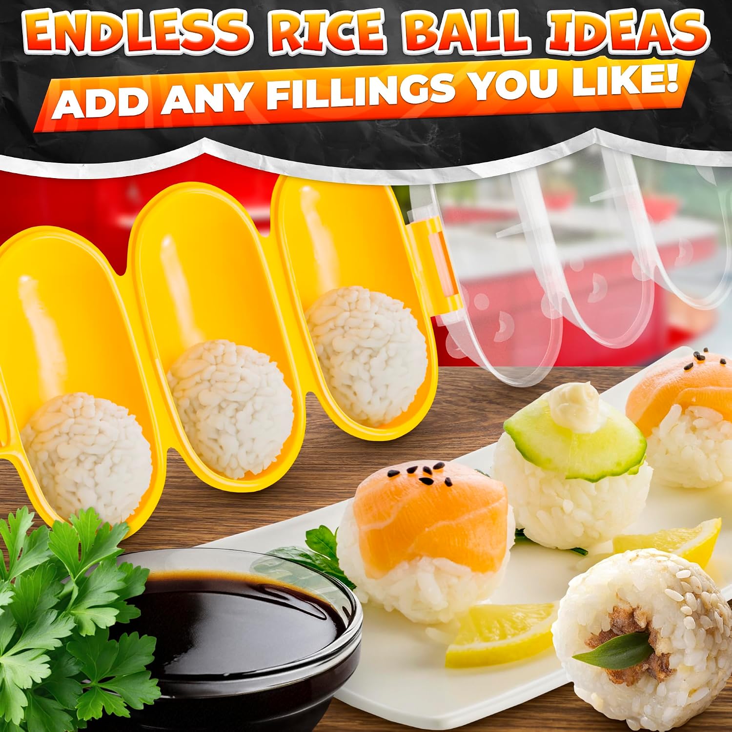 Rice Ball Mold, Shake To Make 3 Bite-Size Balls In Seconds | Rice Ball Maker Mold; Makes 3 Bite-Size Portions; Easy Release; For Bento, Temari Sushi & Yaki-Onigiri; With Scoop