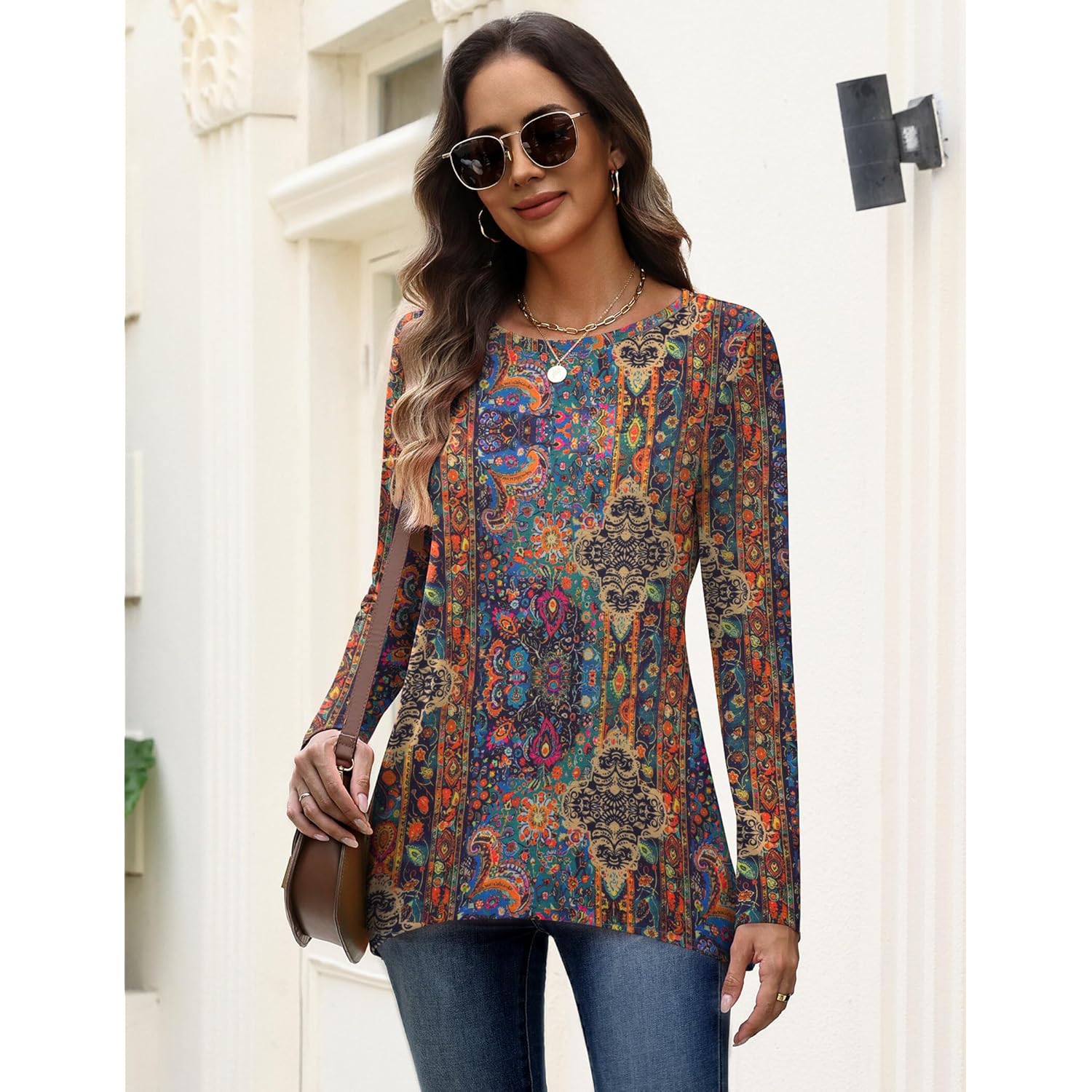 Long Sleeve Tops for Women Dressy Casual Sweatshirt Flowy Tunic with Asymmetrical Hem Crewneck Fall Clothes
