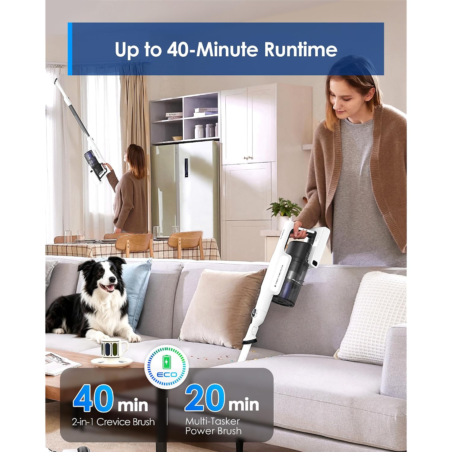 Tineco A20 Cordless Stick Vacuum Cleaner, Powerful Suction, 3 Modes For Multi-Level Messes, 1L Larger Dustbin, Ergonomic Dual-Handle Design, Wall-Mount Dock, Led Headlight