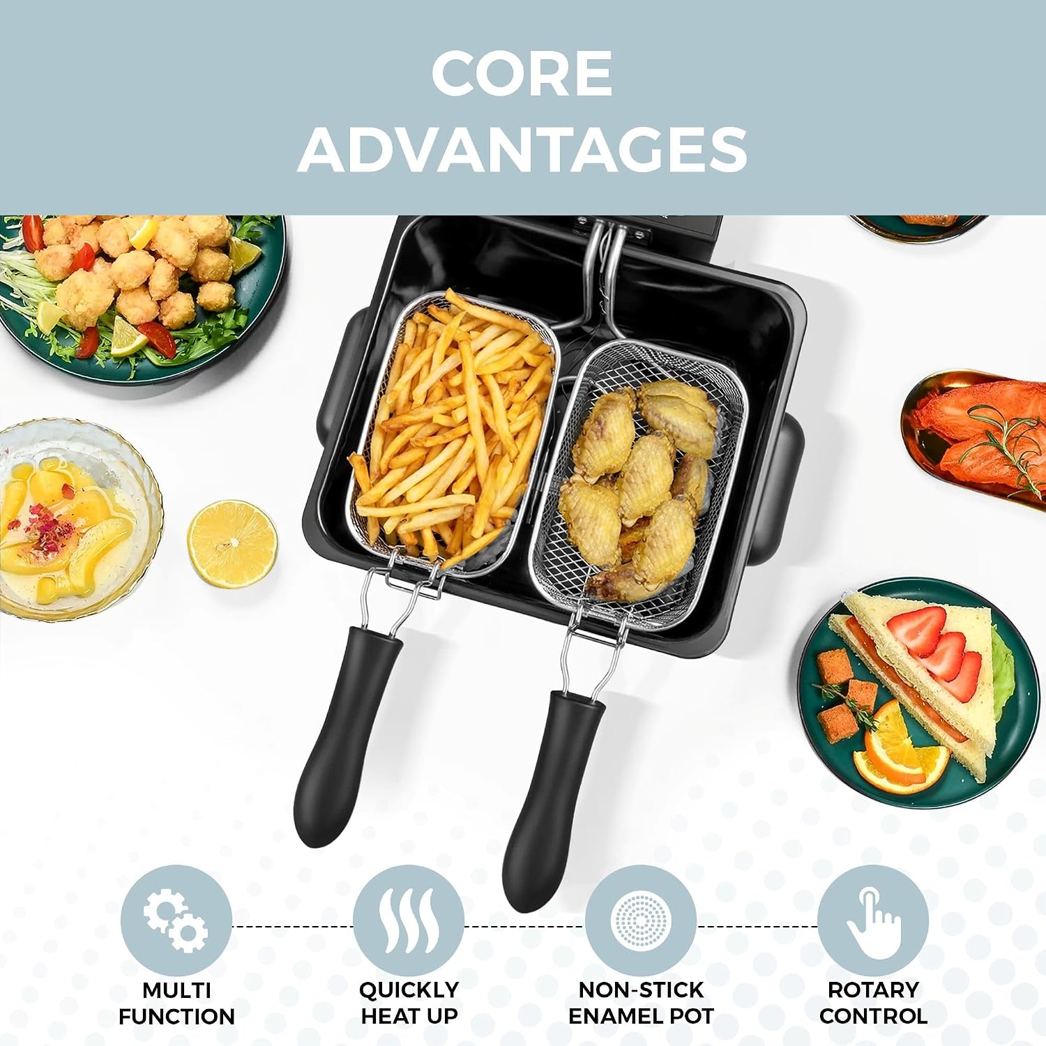 Alpha Living Electric Deep Fryer – 4.5L Deep Fryer With Basket With 2-Quart And 4-Quart Baskets – High-Grade Stainless Steel – Temperature Control And Timer – Ideal For Fried Chicken, Fries