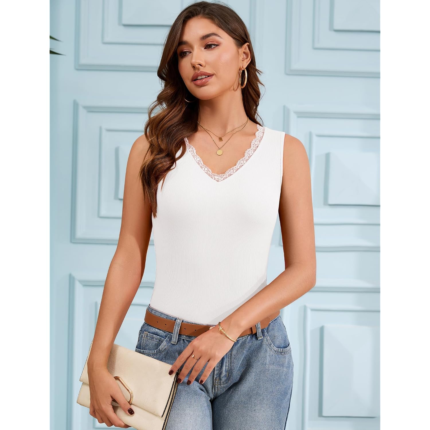 LUYAA Tank Top for Women Ribbed Knit V Neck Lace Trim Sleeveless Tops Slim Fit Casual Going Out Cami 2026