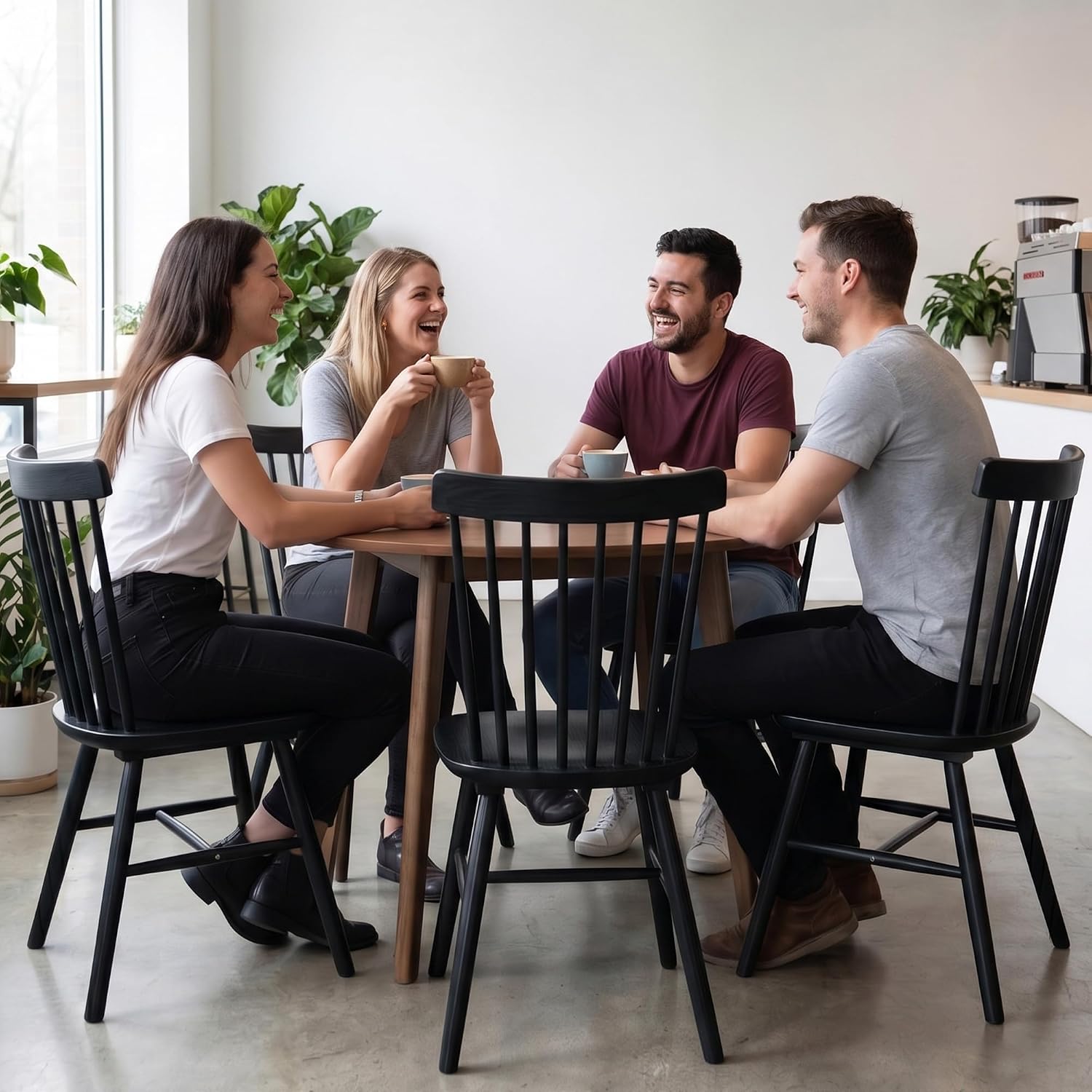 Windsor Dining Chairs, Farmhouse Wooden Dining Room Chairs, Solid Wood Kitchen Chairs With Spindle Back Set Of 4, Black