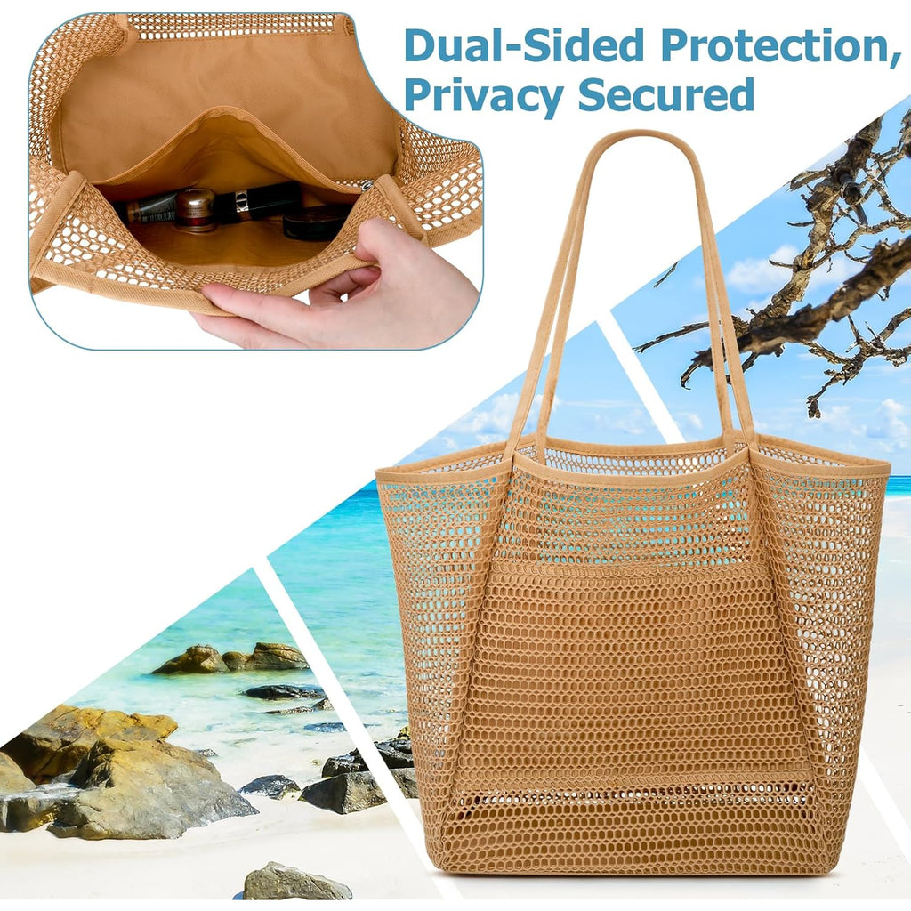 Iioscre Beach Bag for Women, Causal Hobo Pool Bags with Zipper Inner Pocket, Foldable Swim Tote Bag for Vacation Essentials