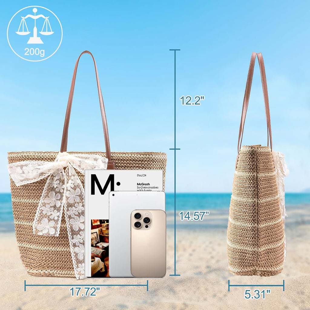 Straw Beach Tote Bag For Women - 2026 Large Handwoven Summer Vacation Purse Zipper For Travel Shopping Essentials