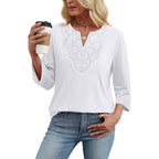 WIHOLL 3/4 Length Sleeve Womens Tops Boho V Neck Lace Shirt Trendy Blouses Dressy Casual Vacation Clothes S-3XL