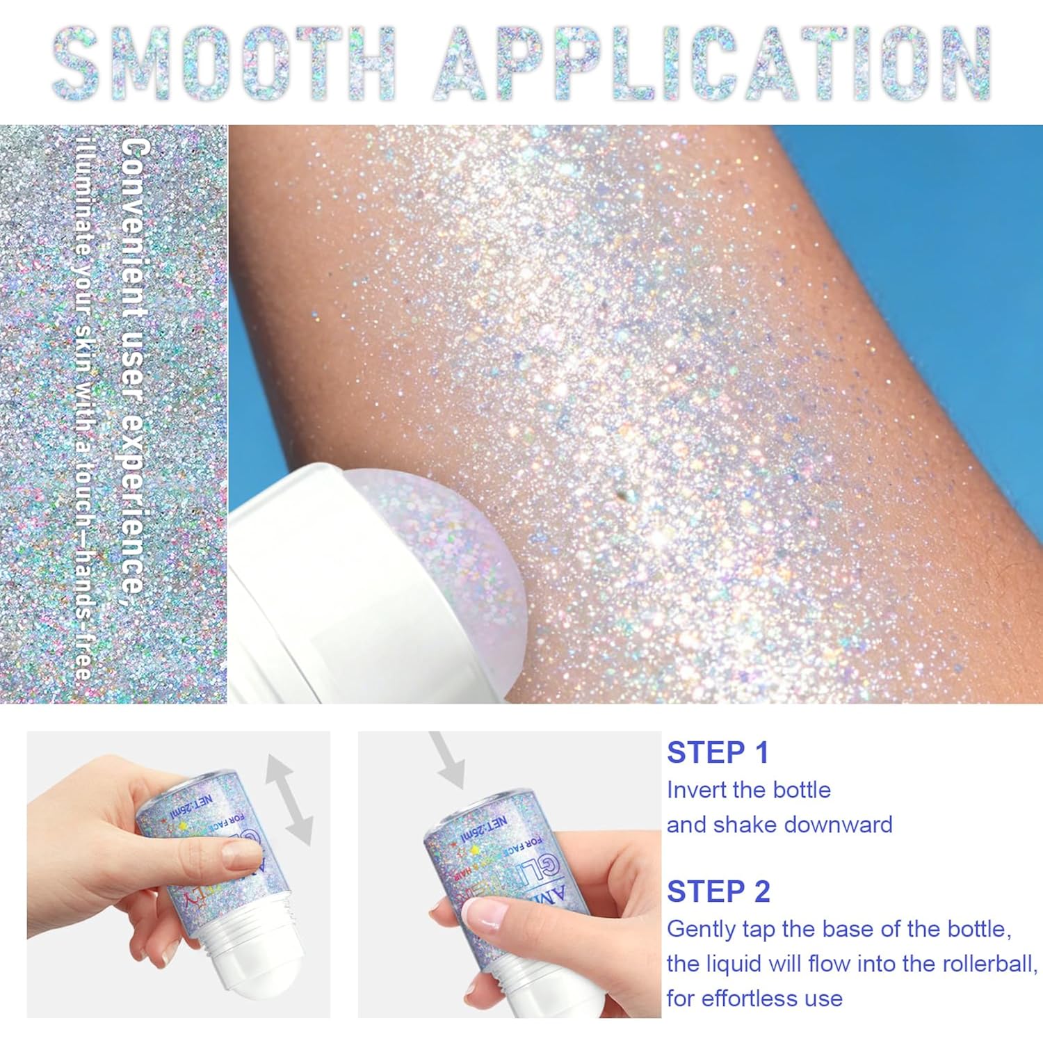 Roll-on Holographic Body Glitter Gel for Face and Hair, Chameleon Color Changing Glitter Gel Under Light, Chunky Mermaid Sequins Shimmer Makeup for Halloween Party Rave Accessories (Glint-Rainbow)