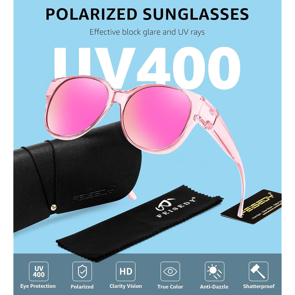FEISEDY Fit Over Glasses Polarized Sunglasses, UV400 Protection for Driving & Outdoor Activities B0328 Transparent Pink Frame & Pink Mirror Lens
