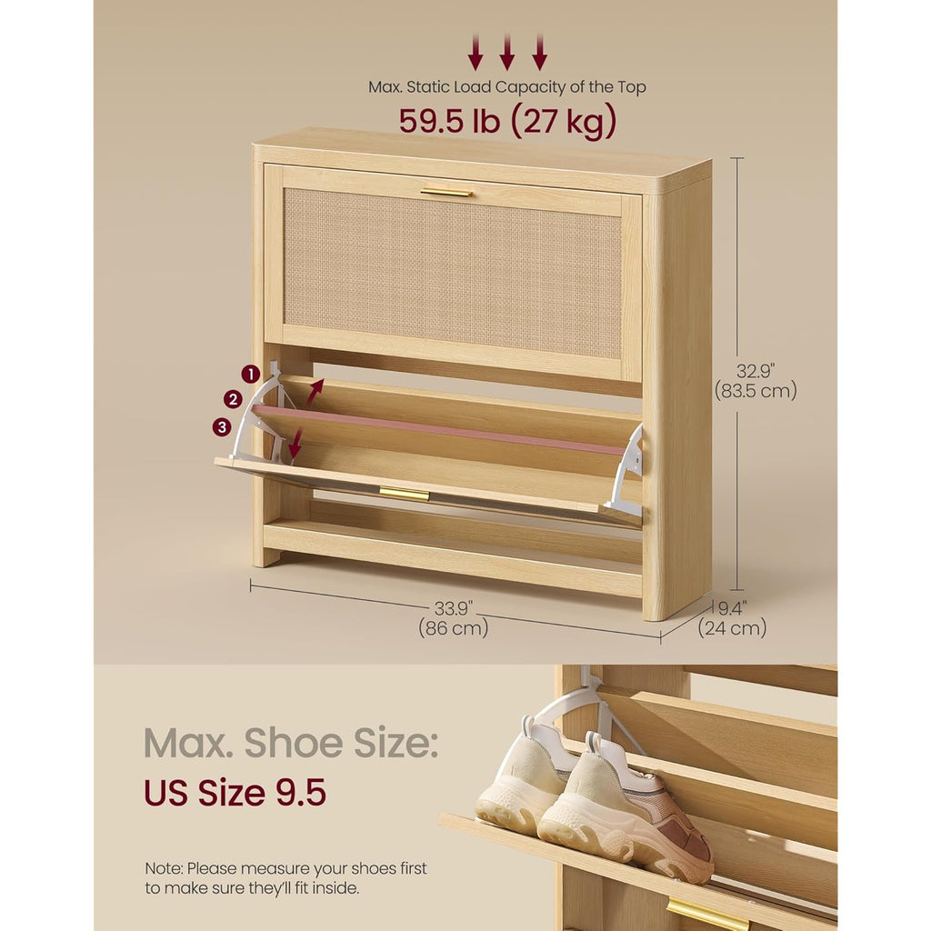 VASAGLE ELLAN Collection - Boho Shoe Storage Cabinet for Entryway Slim, Entry Shoe Cabinet with Rattan-Look Flip Drawers, Rounded Corners, Narrow for Entrance, Oak Beige UHSC601YC01