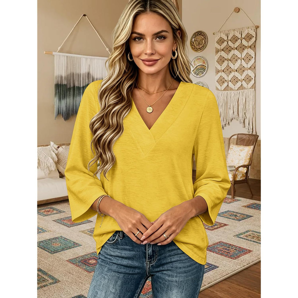 3/4 Length Sleeve Womens Tops Boho Trendy V Neck Shirts Blouses Dressy Casual Loose Fit Outfits Fashion