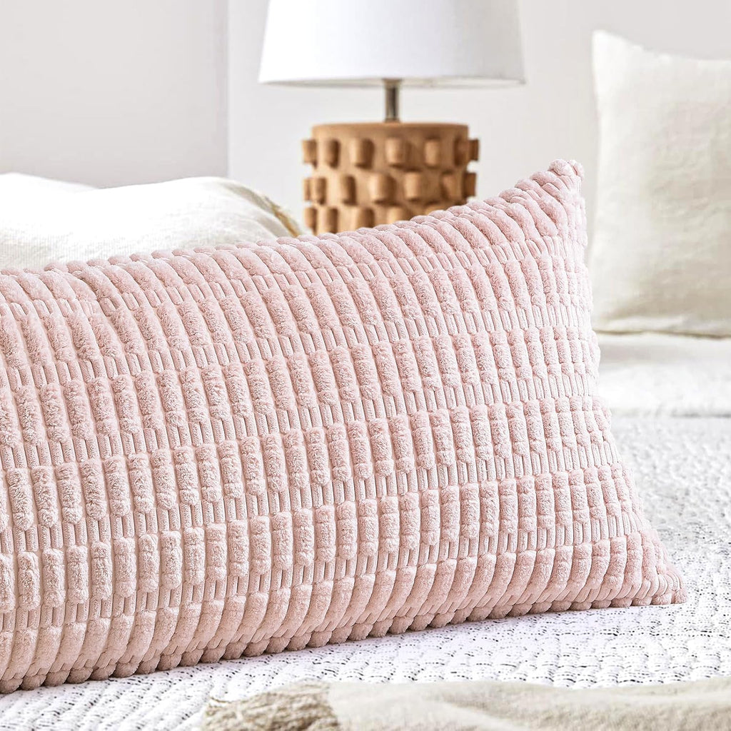 Otostar Corduroy Decorative Lumbar Throw Pillow Cover 14X36 Inch Super Soft Boho Striped Rectangle Pillow Covers Case Modern Cushion Covers For Sofa Couch Bedroom Car Decor Pink