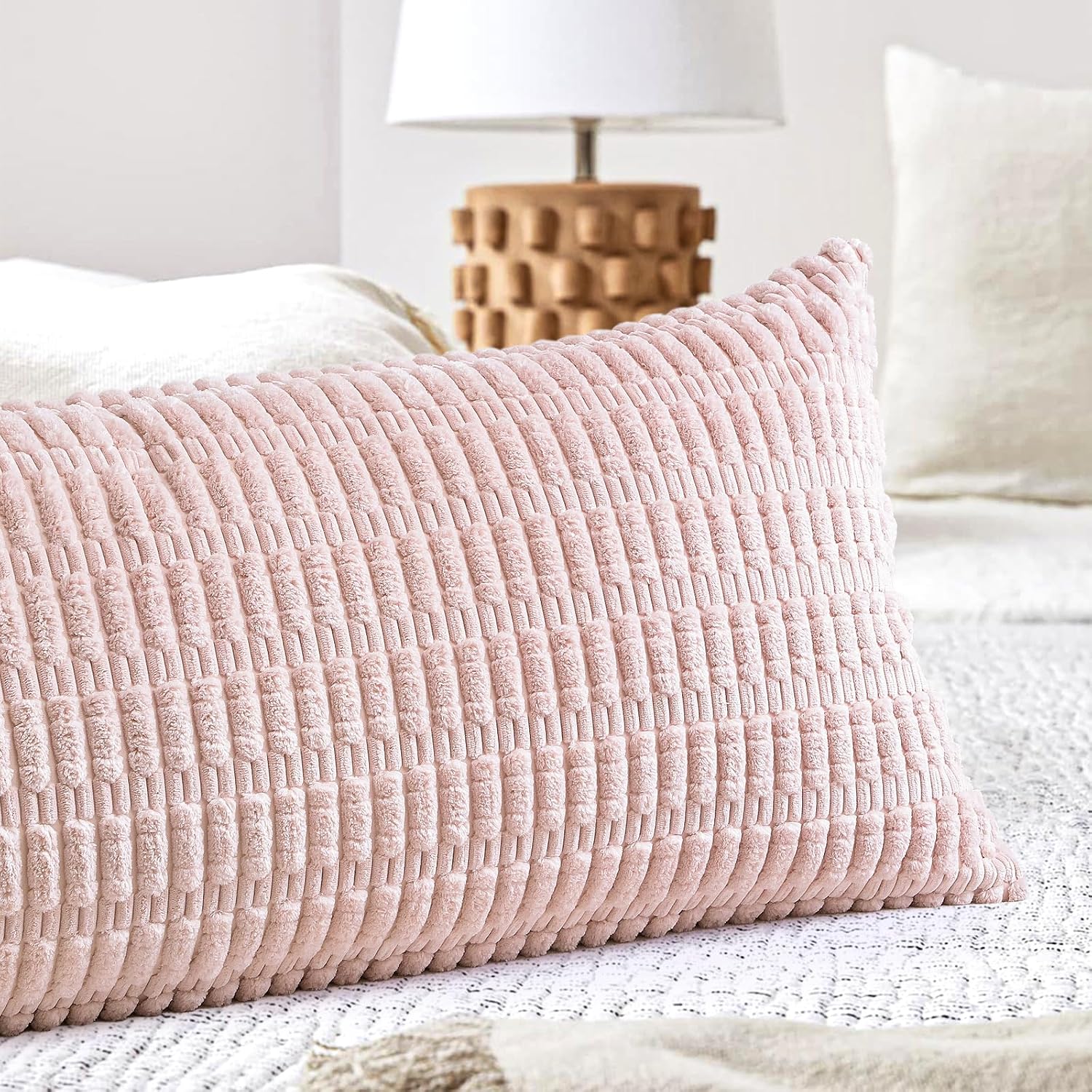 Otostar Corduroy Decorative Lumbar Throw Pillow Cover 14X36 Inch Super Soft Boho Striped Rectangle Pillow Covers Case Modern Cushion Covers For Sofa Couch Bedroom Car Decor Pink