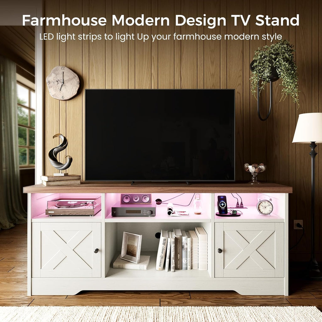 Casaottima Tv Stand For 65 Inch Tv, Farmhouse Entertainment Center With Power Outlet & Led Light And Storage Cabinets, Console Table And Media Furniture For Living Room Bedroom, White