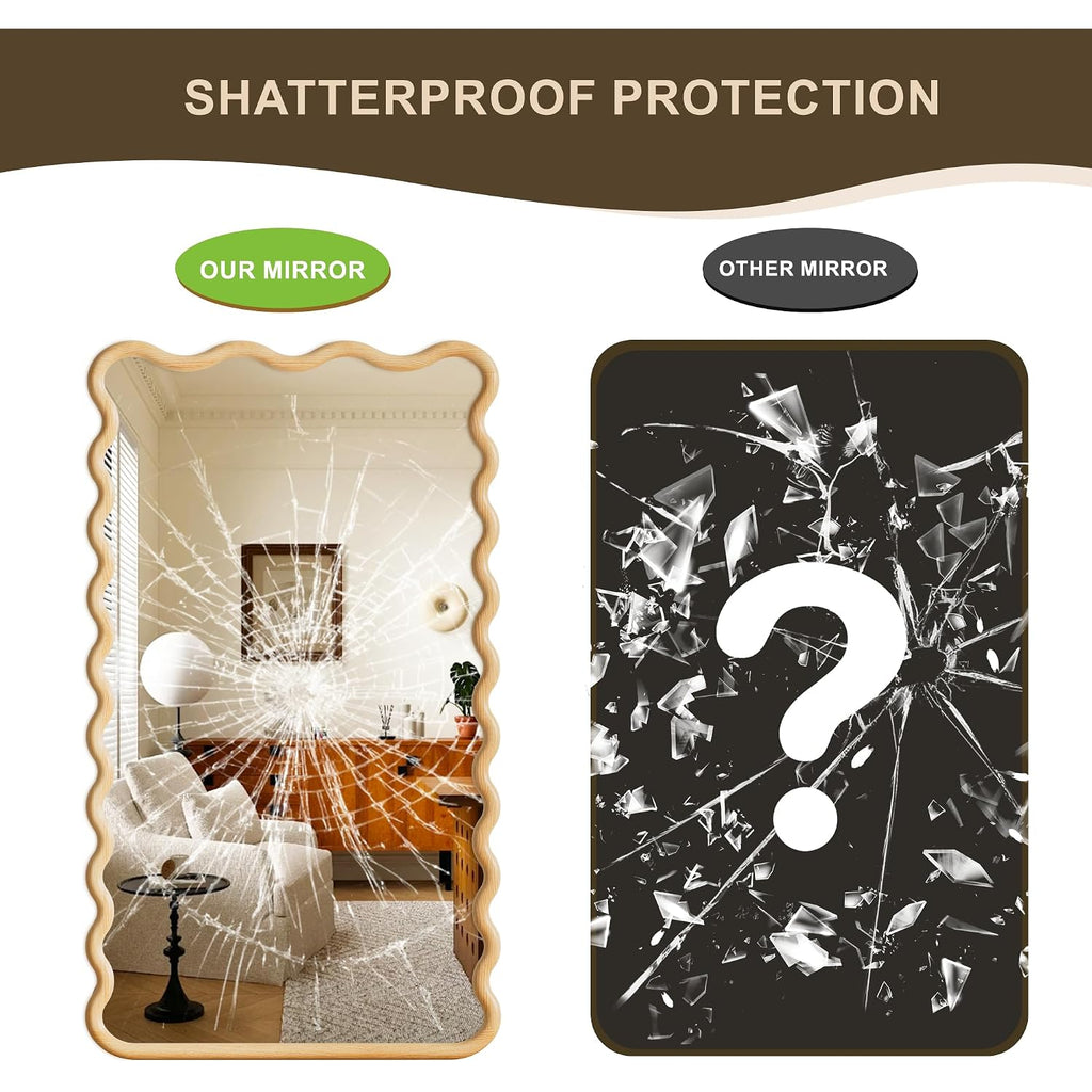 Full Length Mirror, 55"X28" Boho Wavy Wood Floor Mirror, For Bathroom, Bedroom, Living Room, Cloakroom, Entryway
