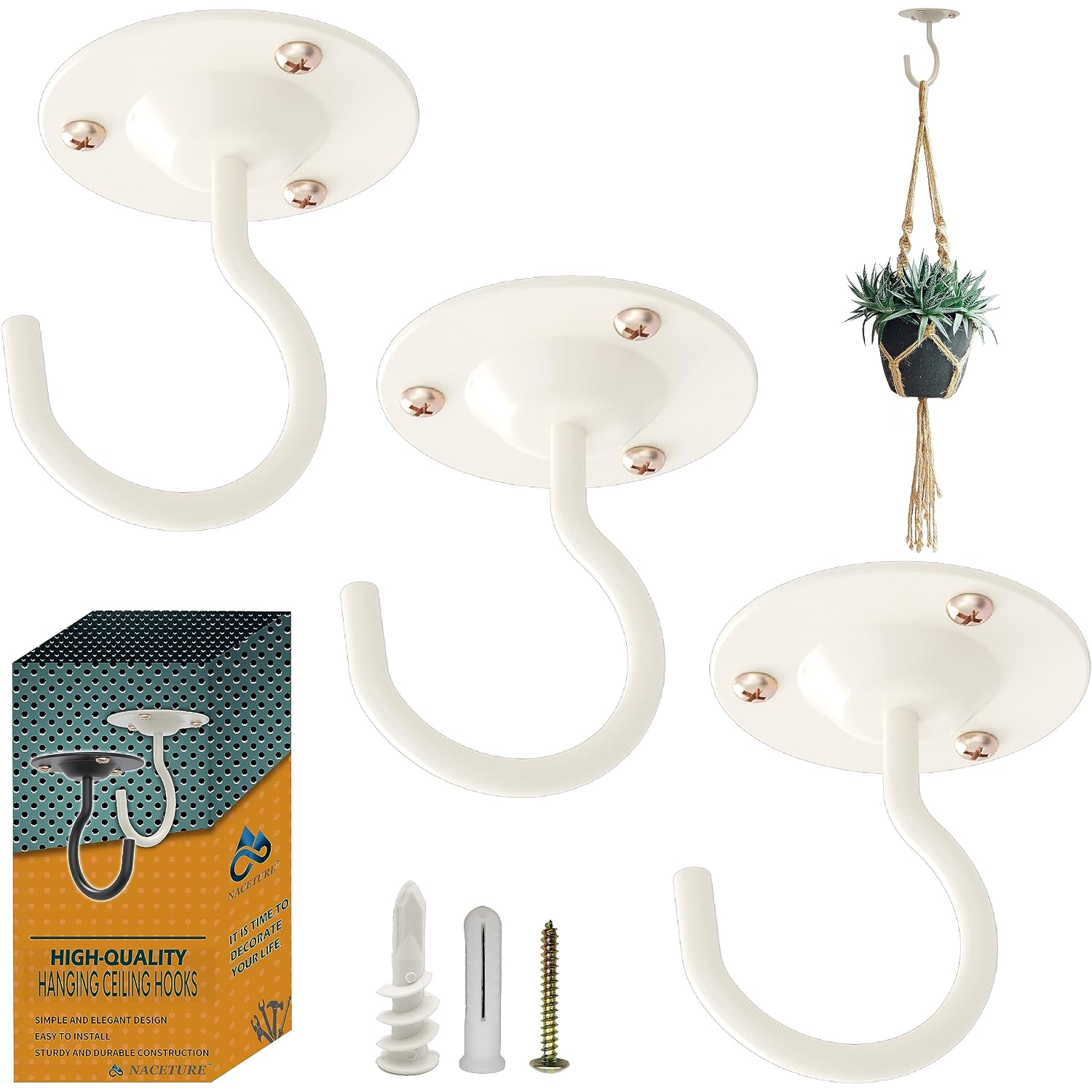 Heavy Duty Plant Ceiling Hooks, White, 3 Pack | Ideal For Hanging Plants, Lanterns, Wind Chimes, Flower Baskets And Other Indoor Or Outdoor Décor.
