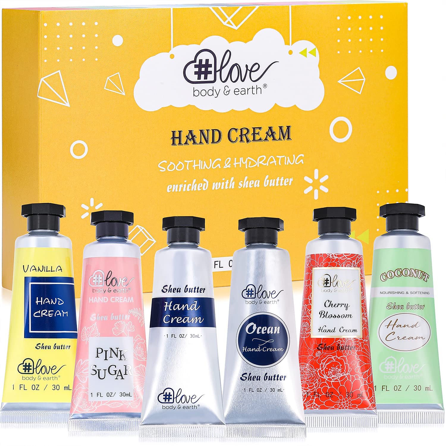 BODY & EARTH # LOVE Hand Cream Gifts Set,Mothers Day Gifts for Mom,Travel Size Hand Cream for Women,Mini Moisturizing Hand Lotion for Dry Cracked Hands,Nurses Week Appreciation Gift Teacher, 6 x 1 OZ