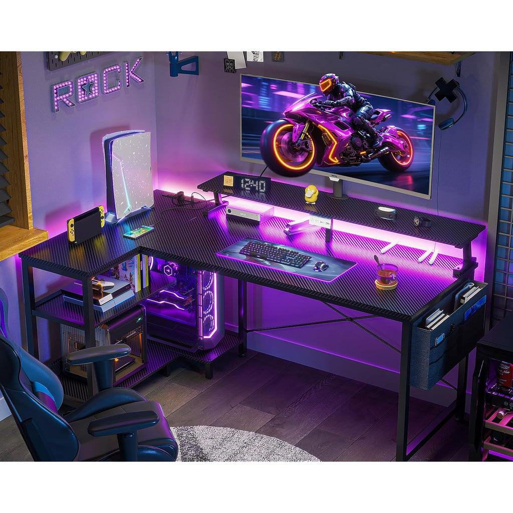 Odk 48 Inch Gaming Desk With Usb Charging Ports And Led Lights, Reversible L Shaped Computer Desk With Storage Shelves & Monitor Stand, Corner Gamer Desk Table With Power Outlets, Black