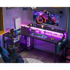 Odk 48 Inch Gaming Desk With Usb Charging Ports And Led Lights, Reversible L Shaped Computer Desk With Storage Shelves & Monitor Stand, Corner Gamer Desk Table With Power Outlets, Black