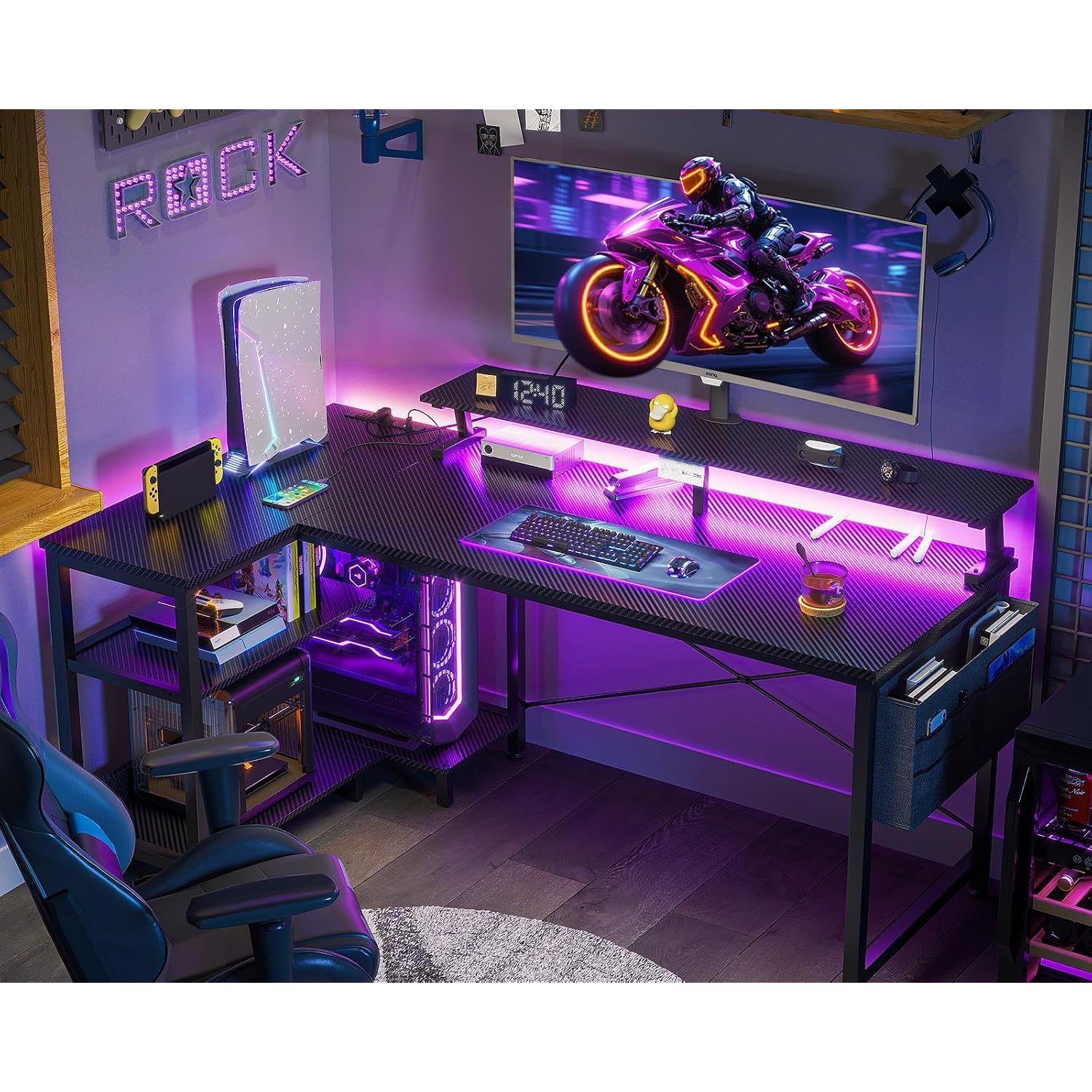 Odk 48 Inch Gaming Desk With Usb Charging Ports And Led Lights, Reversible L Shaped Computer Desk With Storage Shelves & Monitor Stand, Corner Gamer Desk Table With Power Outlets, Black
