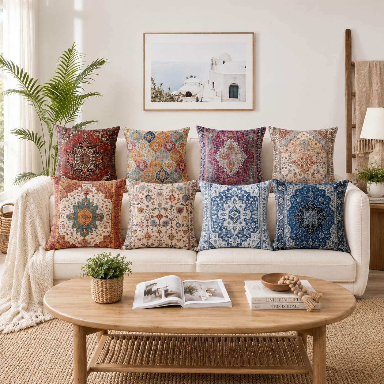 Boho Throw Pillow Covers 18X18 Inch Set Of 2,Soft Pillowcases Bohemia Carpet Printing Pattern Decorative Sofa Living Room Bed Square Pillow Case Cushion Cover-Cream Color