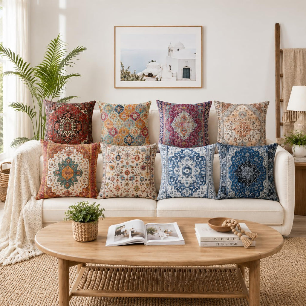 Boho Throw Pillow Covers 18X18 Inch Set Of 2,Soft Pillowcases Bohemia Carpet Printing Pattern Decorative Sofa Living Room Bed Square Pillow Case Cushion Cover-Cream Color