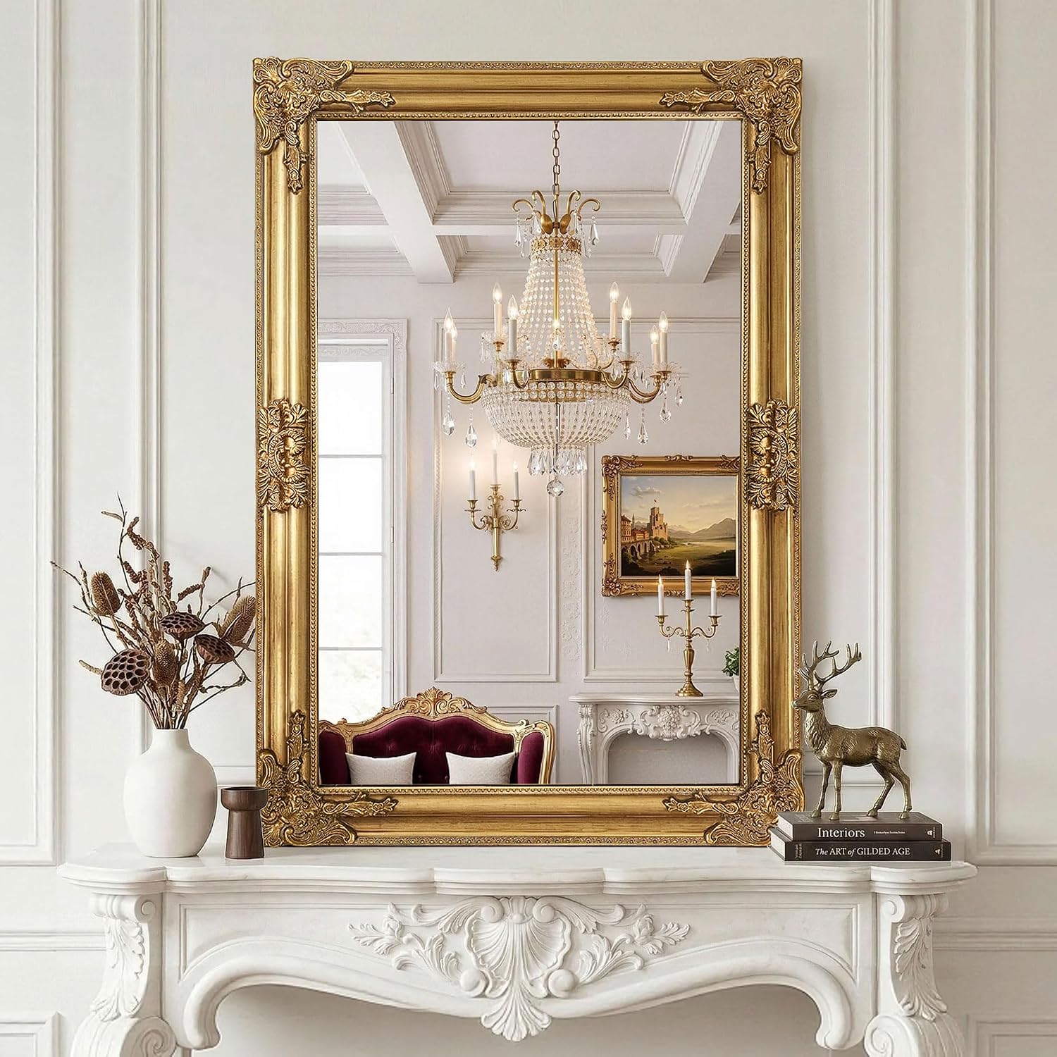 Vintage Gold Mirror For Wall, 28"X40" Antique Decorative Ornate Baroque Mirror For Living Room, Entryway, Bathroom, Fireplace(Antique Gold)