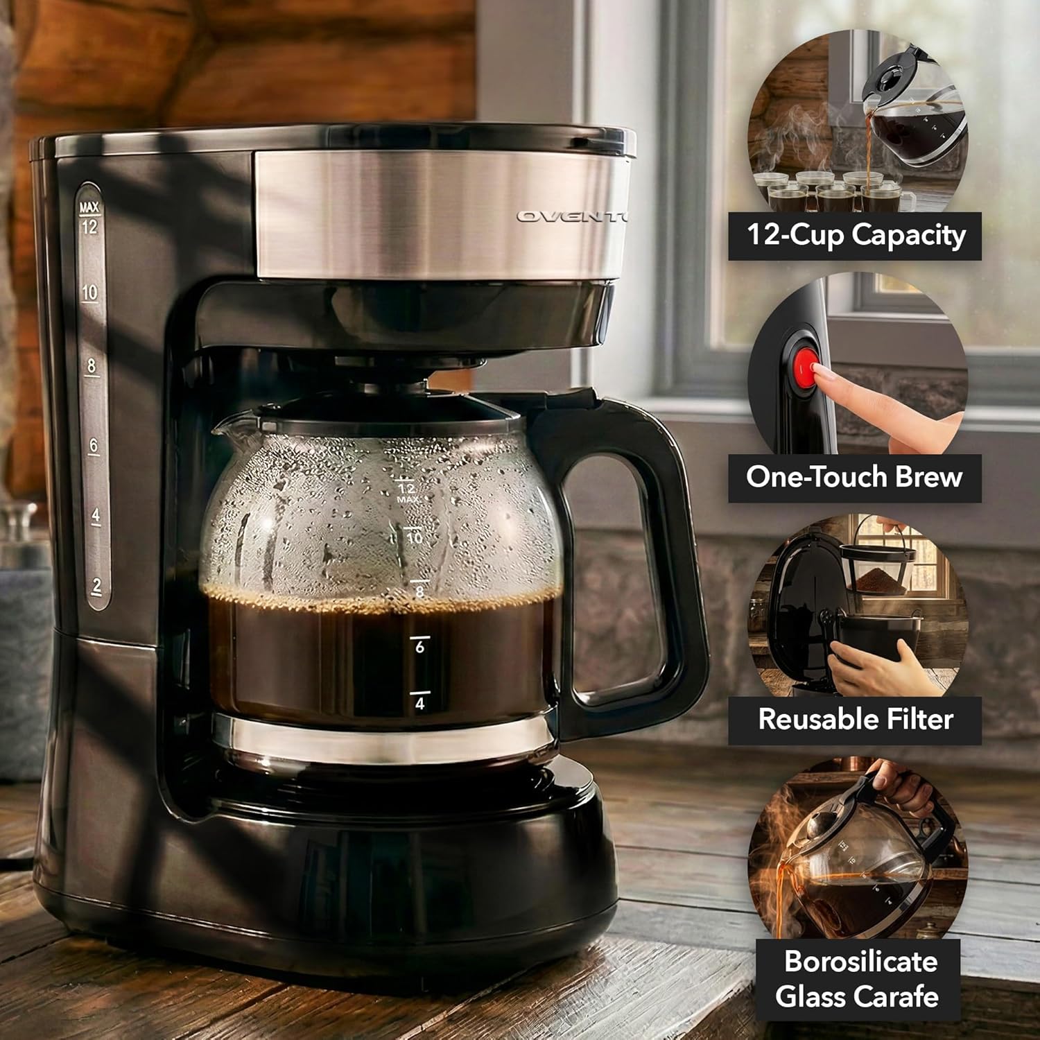 OVENTE 12-Cup Drip Coffee Maker with Borosilicate Glass Carafe, One-Touch Operation Machine, Anti-Drip System, Reusable Filter and Clear View Water Level Gauge, Ideal for Home or Office, Black CM412B
