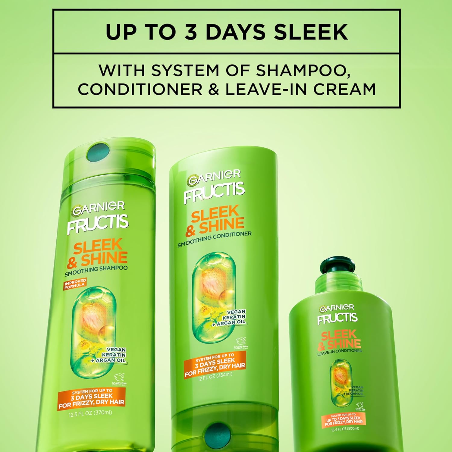 Garnier Fructis Sleek and Shine Intense Smooth Leave In Conditioner, Conditioning Hair Cream for Frizzy, Dry Hair, Plant Keratin + Argan Oil, 10.2 Fl Oz (Pack of 2)
