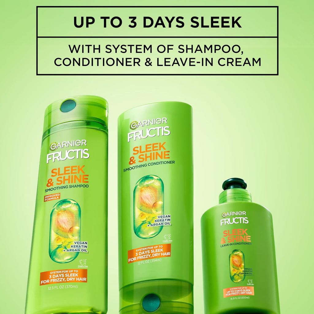 Garnier Fructis Sleek & Shine Leave-In Conditioner Cream, Anti-Frizz Hair Treatment With Plant Keratin + Argan Oil, Controls Frizz And Provides Smoothness For Frizzy, Dry Hair, 10.2 Fl Oz