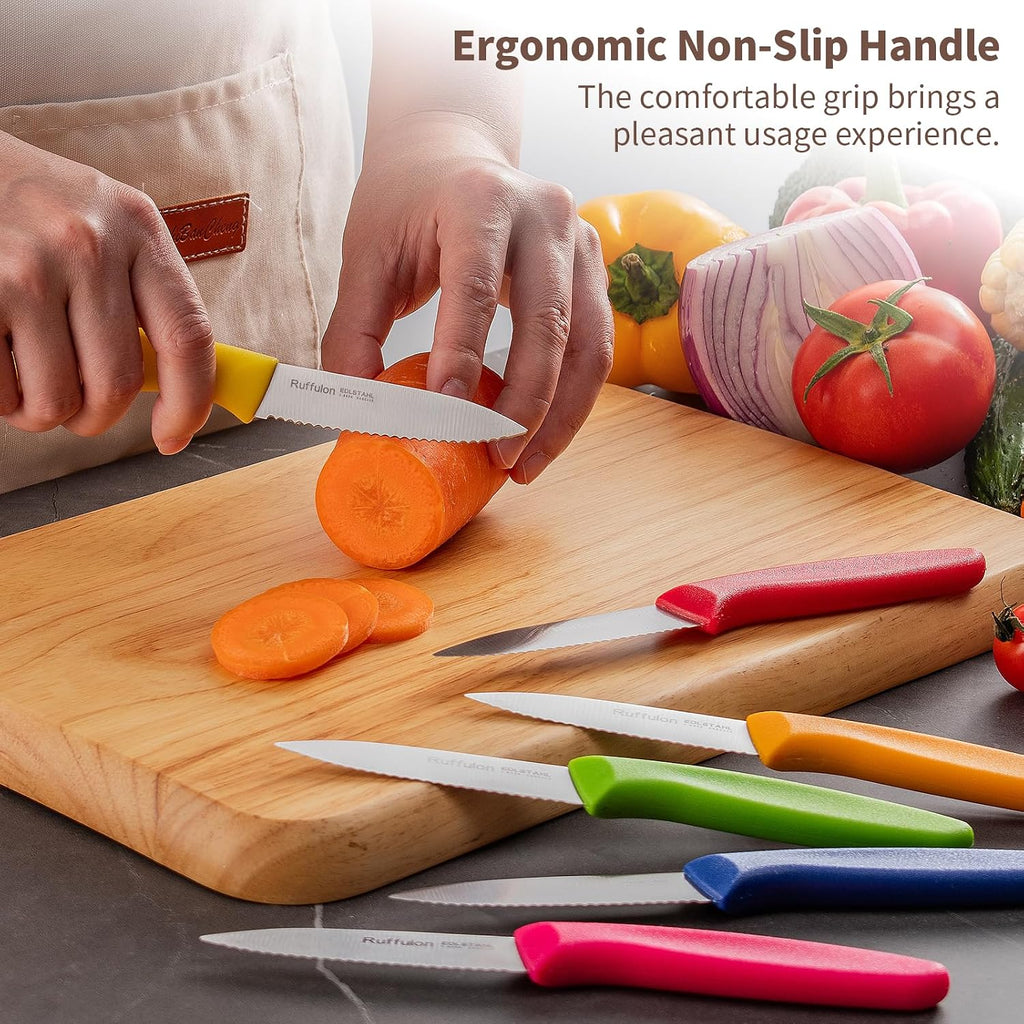 Stainless Steel Paring Knife With Serrated Blade, 6 Pieces Set Vegetable And Fruit Knife, Ultra Sharp Small Kitchen Knife, Colorful Paring Knives With Pp Plastic Ergonomic Handle.
