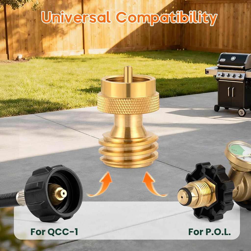 1Lb Propane Tank Adapter, Propane Adapter 20Lb To 1Lb Converter, Universal Qcc-1 & P.O.L. Connections, Solid Brass, Bbq Grills, Camping Stoves, Leak-Proof Outdoor Propane Accessory