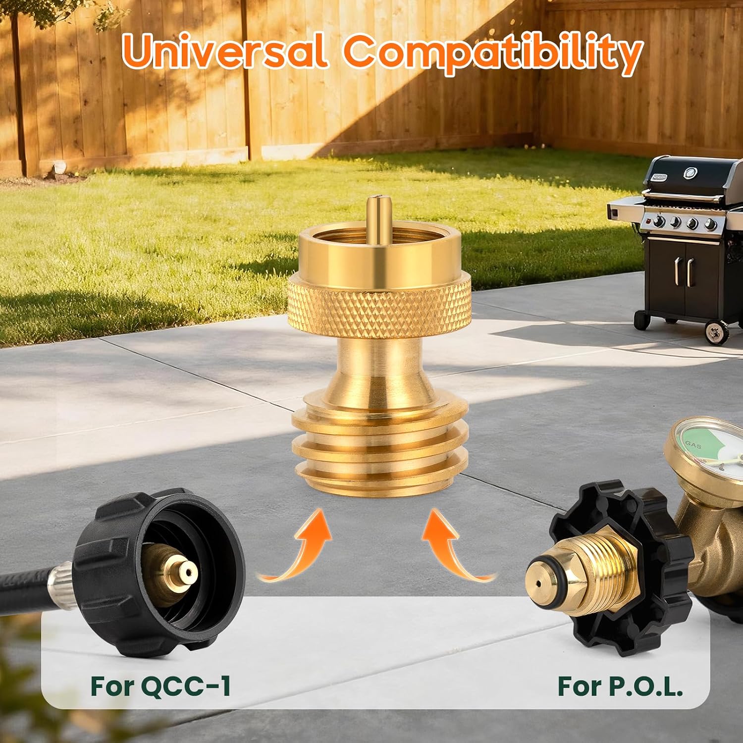 1Lb Propane Tank Adapter, Propane Adapter 20Lb To 1Lb Converter, Universal Qcc-1 & P.O.L. Connections, Solid Brass, Bbq Grills, Camping Stoves, Leak-Proof Outdoor Propane Accessory